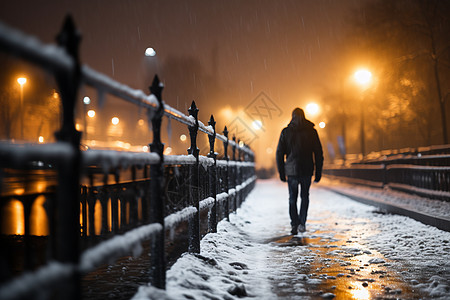 雪中漫步寒夜漫步的男子背景