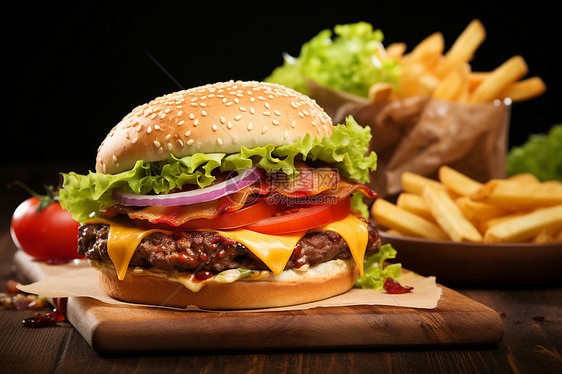 菜板上健康美味的汉堡图片