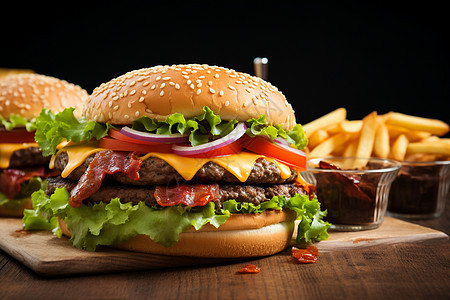 桌面上健康的芝士汉堡图片