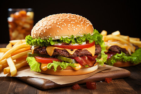 桌面上美味多汁的汉堡背景图片