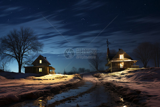 夜空下的雪山小屋图片