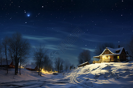 星空村庄冬夜中的白雪小屋背景