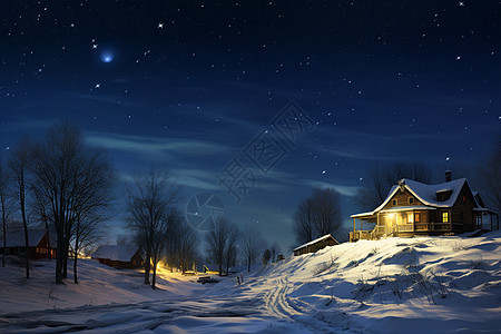 冬夜中的白雪小屋图片