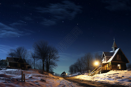 星空下的雪山小屋图片