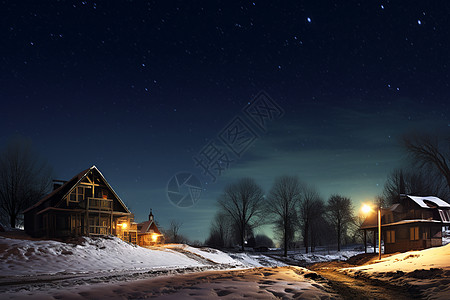 冬夜星空下的雪夜村庄图片