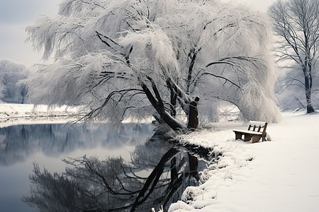 白雪皑皑的丛林湖畔景观图片