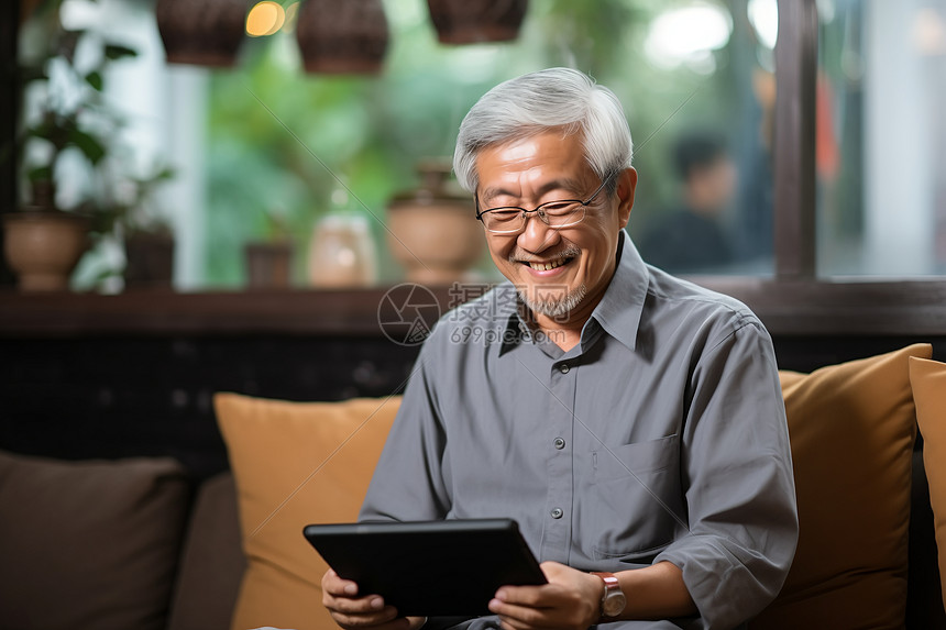 看着平板电脑欢笑的老人图片