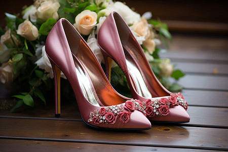 仪式感婚礼上的花束与高跟鞋背景图片