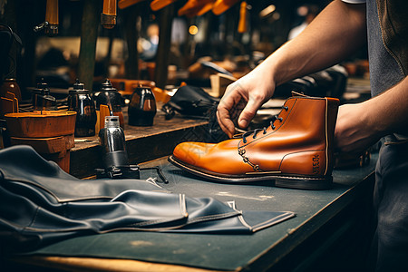 手工皮鞋古老手工工艺的皮鞋背景