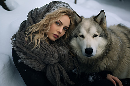 冬季雪地里的女性和狼图片