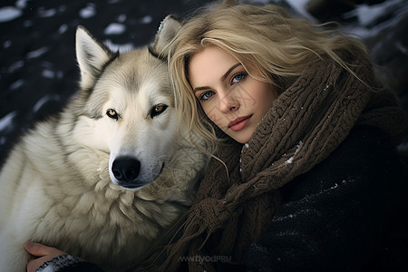 雪地中的狼和女人图片