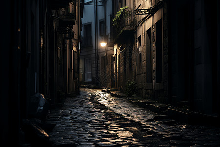 黑暗街巷上的街灯图片
