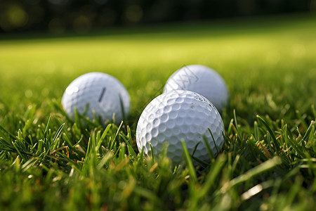 三颗高尔夫球在阳光下静静躺在公园或高尔夫球场的绿草地上图片