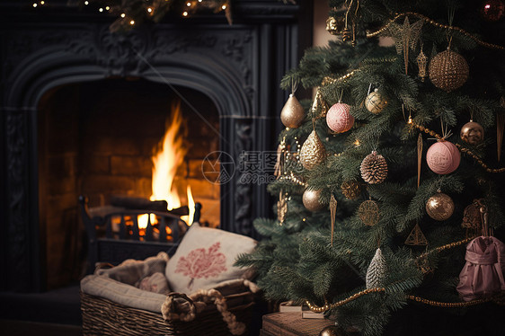 圣诞树置于壁炉前图片