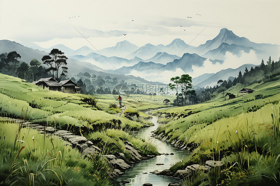 迷雾朦胧的山谷稻田图片