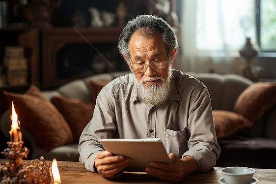 数码平板前的长者图片