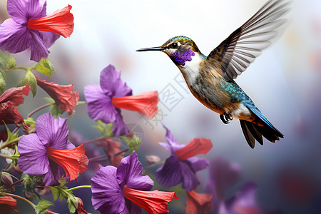 紫红花中的蜂鸟背景图片