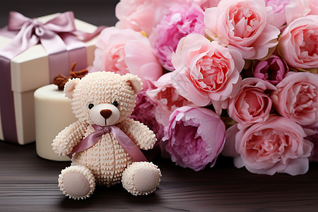 小熊玩偶和花束图片