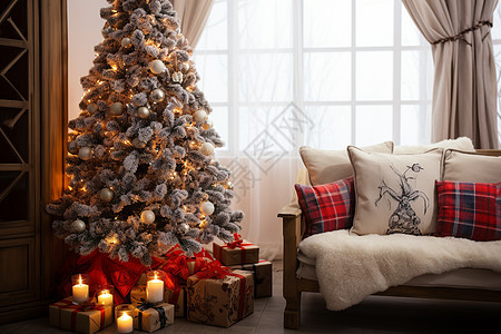 客厅里的圣诞树和沙发图片