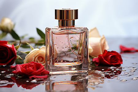 玫瑰花瓣围绕着香水瓶图片
