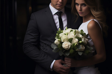 新郎新娘拿着花束背景图片