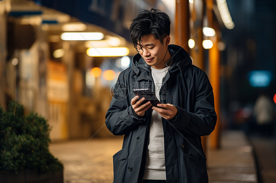 城市街道上玩手机的男子图片