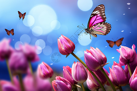 蝴蝶舞动于郁金香花朵中图片