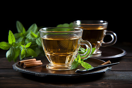 茶托上的茶水和香料图片