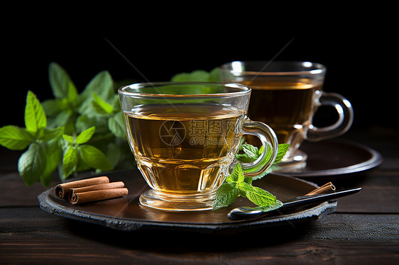 茶托上的茶水和香料图片