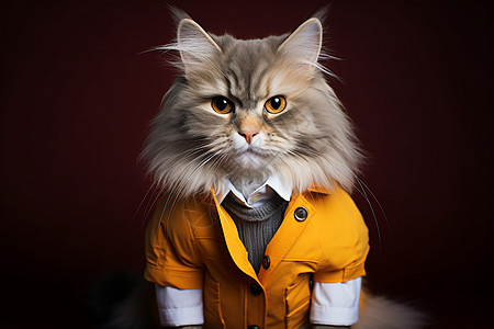 时尚宠物毛茸茸的猫咪穿黄色夹克背景