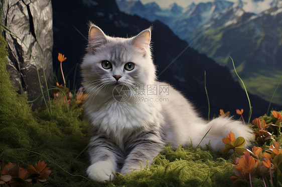 山石间的猫咪图片