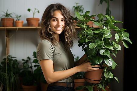 家庭培育盆栽的外国女子图片