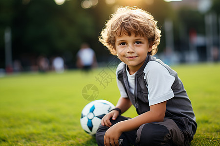 拿着足球坐在草地上的男孩图片
