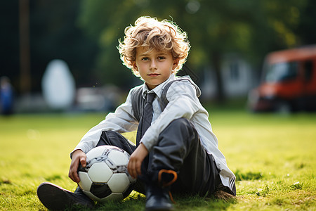 男孩抱着足球坐在草地上图片