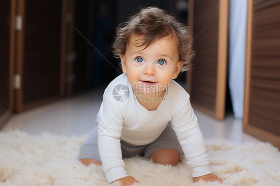 宝宝爬在白色地毯上图片