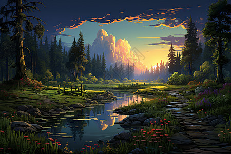 森林日落中的景象背景图片