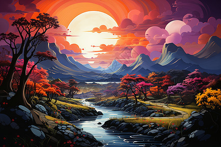 迷幻色彩的山水夕阳映照图片
