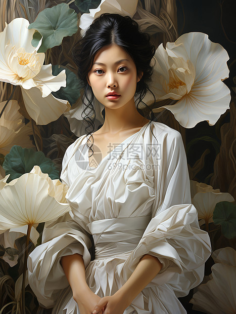 莲花旁的亚洲美女图片