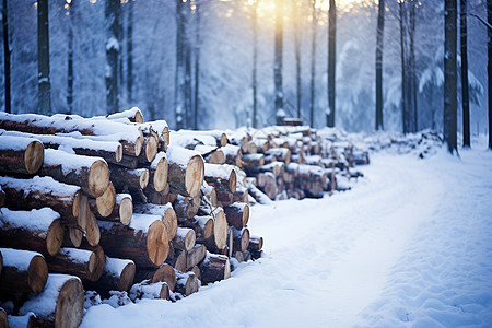冬日森林中的木柴堆图片