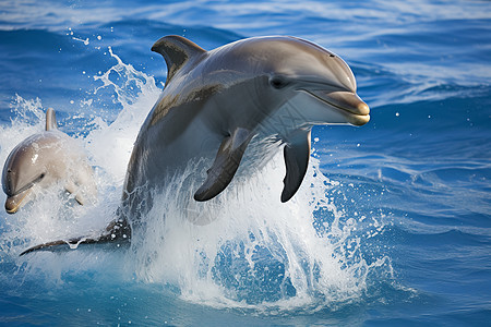 大海中两只海豚嬉戏图片