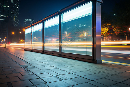 夜晚城市街道的公交车站背景图片