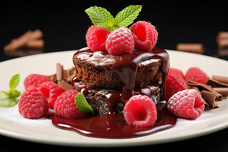 巧克力蛋糕上的覆盆子和巧克力酱背景图片