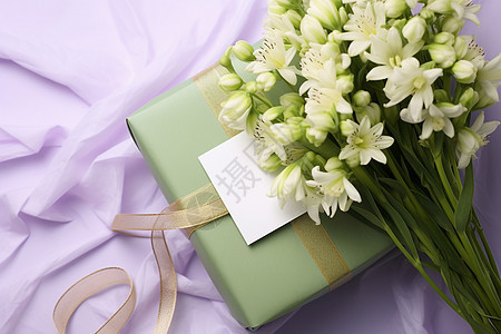 花束和绿色礼品盒图片