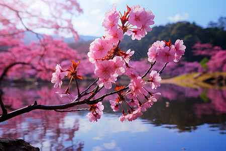 樱花湖畔的美景背景图片