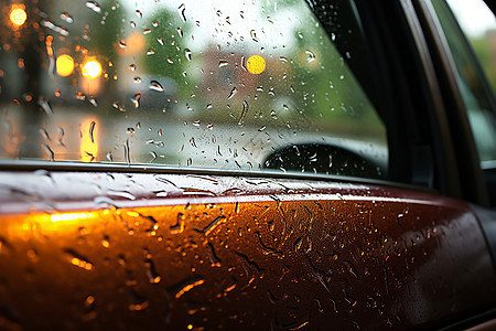 雨水滴落在车窗上图片