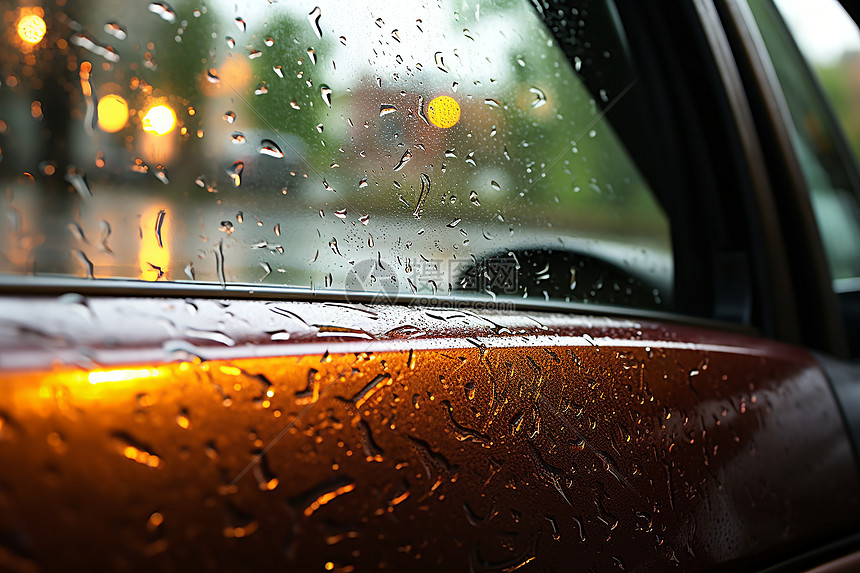 雨水滴落在车窗上图片