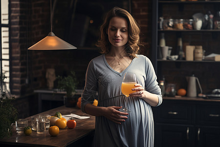 孕妈妈在家厨房端起一杯橙汁背景图片
