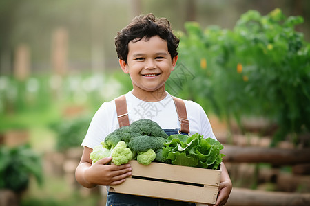 拿着一筐蔬菜的孩子背景图片