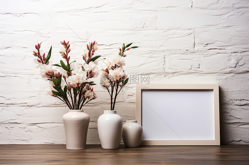 空白相框旁的植物花朵图片