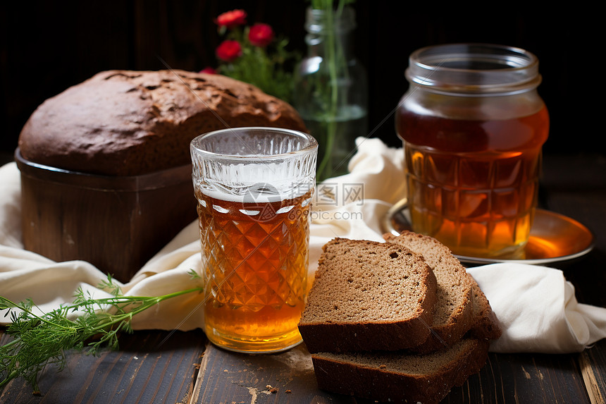 木桌上的面包和啤酒图片